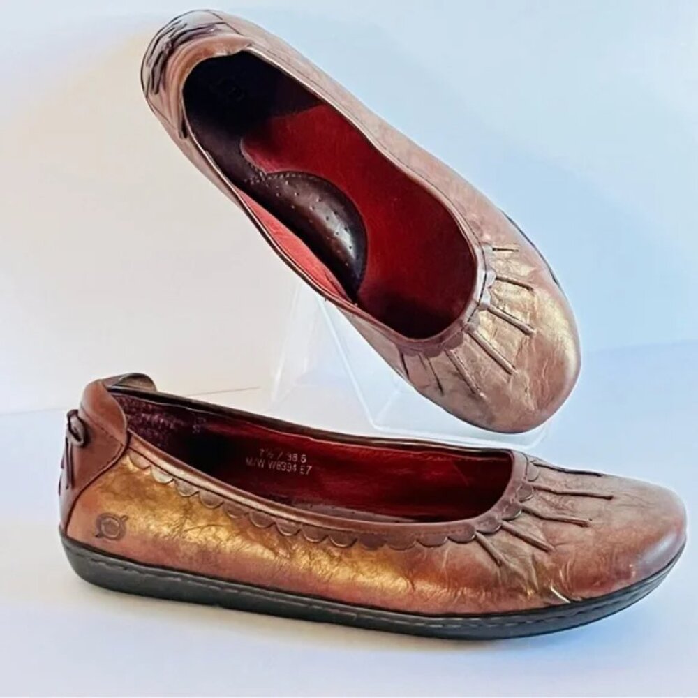 Born Brown Bronzed Top Grain Leather Flats Embellished Body and Heels